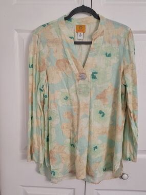 Ruby Rd. Mint & Cream Floral  Blouse Linen Medium